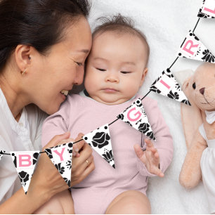 Pink Text Black Floral Patten Baby Girl Bunting