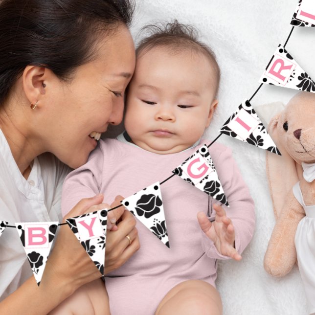 Pink Text Black Floral Patten Baby Girl Bunting (Creator Uploaded)