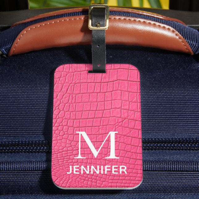 Pink Textured Leather Monogram Personalised Name Luggage Tag (Front Insitu 2)