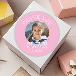 Pink Thank you Birthday Girl Photo Classic Round Sticker<br><div class="desc">Pink Thank you Birthday Girl Photo Sticker. Birthday thank you photo sticker for kids - thank your birthday guest for coming to the birthday party. Text and name are in white colour. The background is pink. Insert your photo into the template and personalise the sticker with your name. You can...</div>