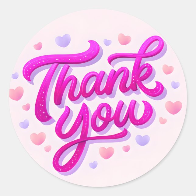 Pink Thank You Glitter Sticker with Hearts (Front)