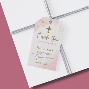 Pink Thank You Gold Cross Girl First Communion Gift Tags