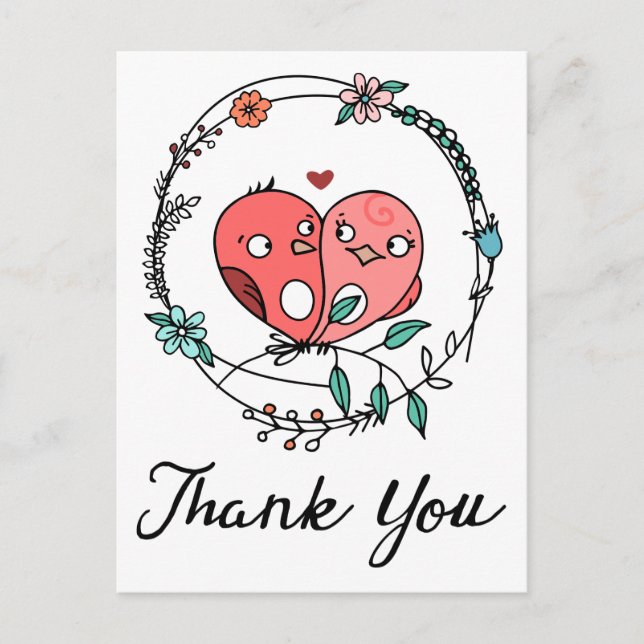Pink Thank You Lovebirds Floral Wreath Weddi Postcard (Front)