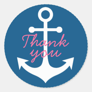 pink thank you on white anchor on blue classic round sticker