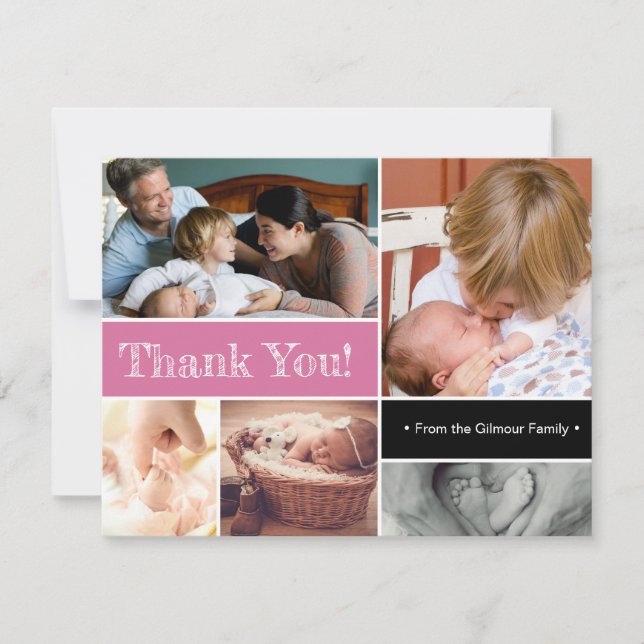 Pink Thank You Second baby birth photo collage Announcement (Front)