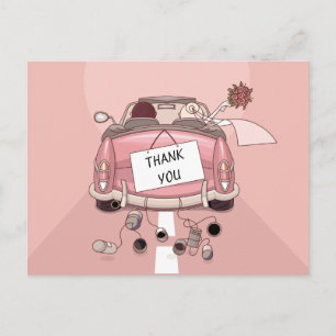 Pink Thank You Wedding Car Bride & Groom Cartoon Postcard