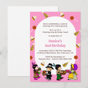 Pink Thanksgiving Birthday Kid's Party Invitation