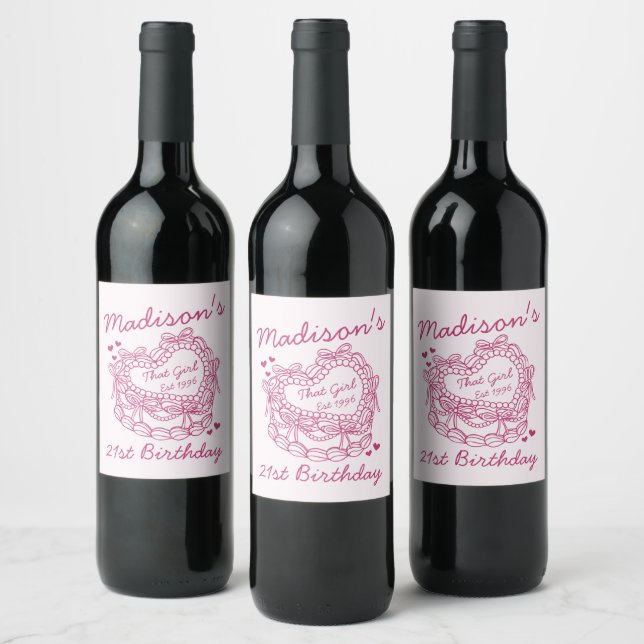 Pink That Girl Heart Coquette Cake Birthday Wine Label (Bottles)