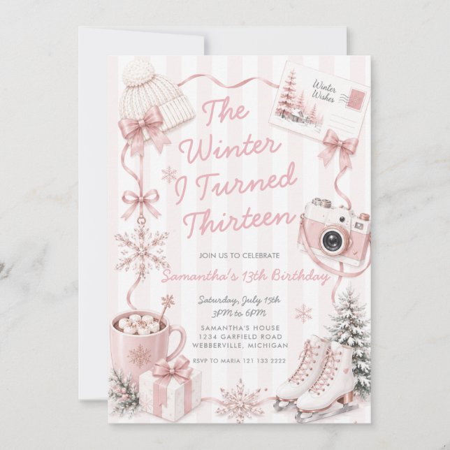 Pink The Winter I Turned Thirteen Birthday  Invitation (Front)