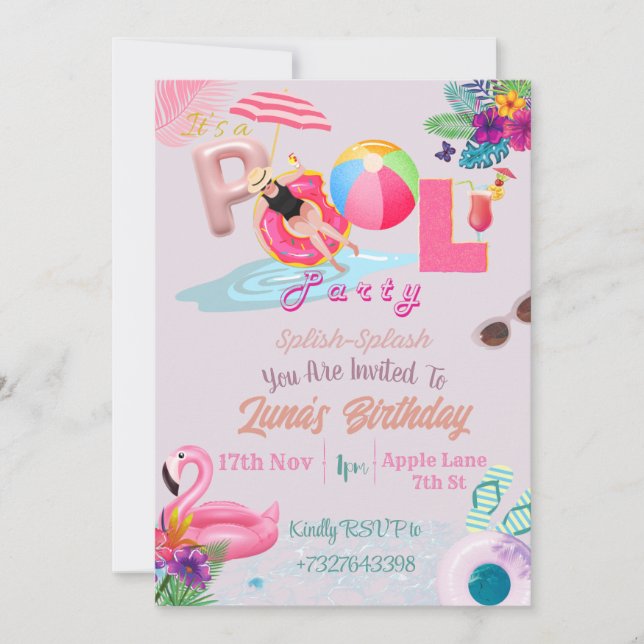 PInk Theme Pool Party Invitation (Front)