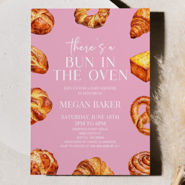 Pink There's A Bun In The Oven Bread Baby Shower Invitation (Creator Uploaded)