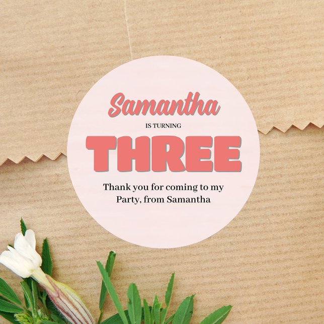 Pink Third Birthday Girl Party Floral Classic Round Sticker (Pink third birthday party favor sticker)