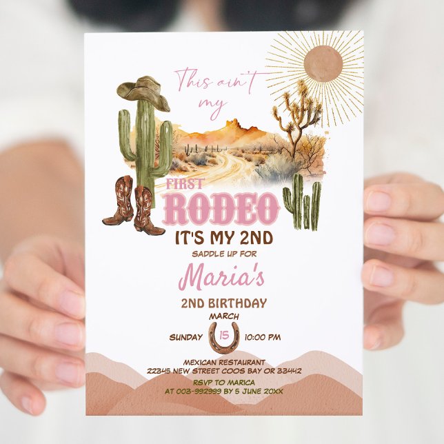 Pink This Aint My First Rodeo 2nd Birthday Cowboy Invitation (Creator Uploaded)