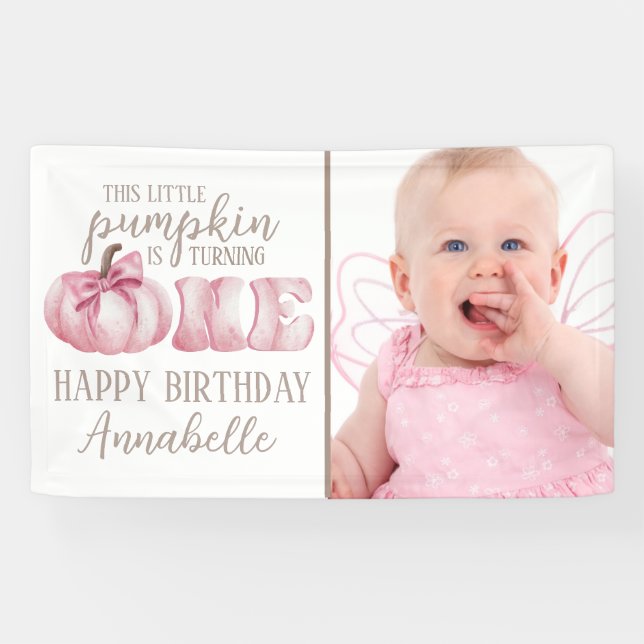 Pink This Little Pumpkin Photo 1st Birthday Party Banner (Horizontal)