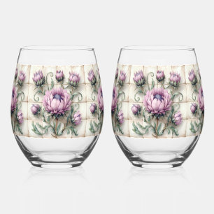 Pink Thistle Flowers Tile Stemless Wine Glass