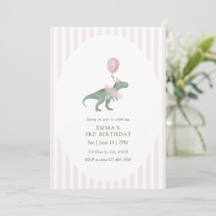 Pink Three Rex Dinosaur balloon Third Birthday Invitation