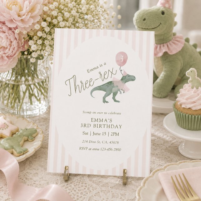 Pink Three Rex Dinosaur Third Birthday Invitation (Creator Uploaded)