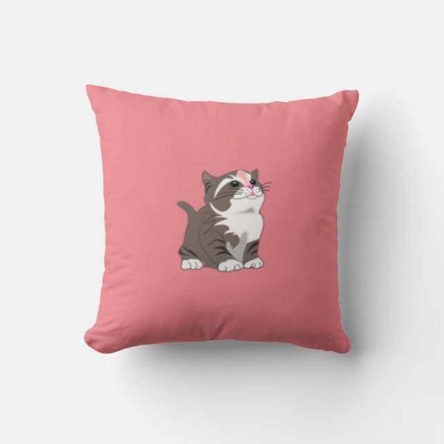 Pink Throw Pillow Cute Baby Cat - Choose Colour (Front)