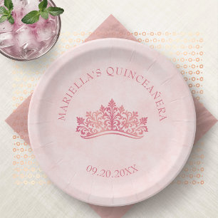Pink Tiara Crown Elegant Quinceanera Paper Plate