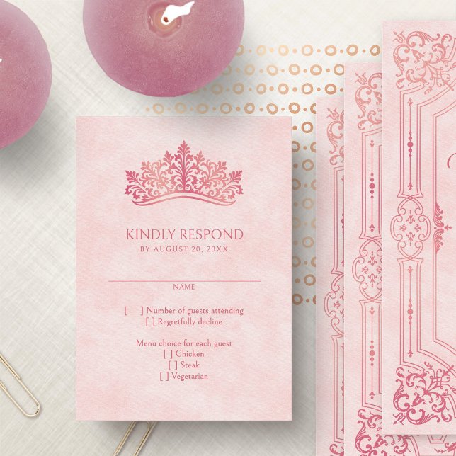 Pink Tiara Crown Elegant Quinceanera RSVP Card (Creator Uploaded)