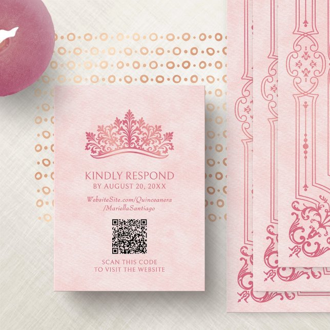 Pink Tiara Crown Quinceanera QR RSVP Enclosure Card (Creator Uploaded)