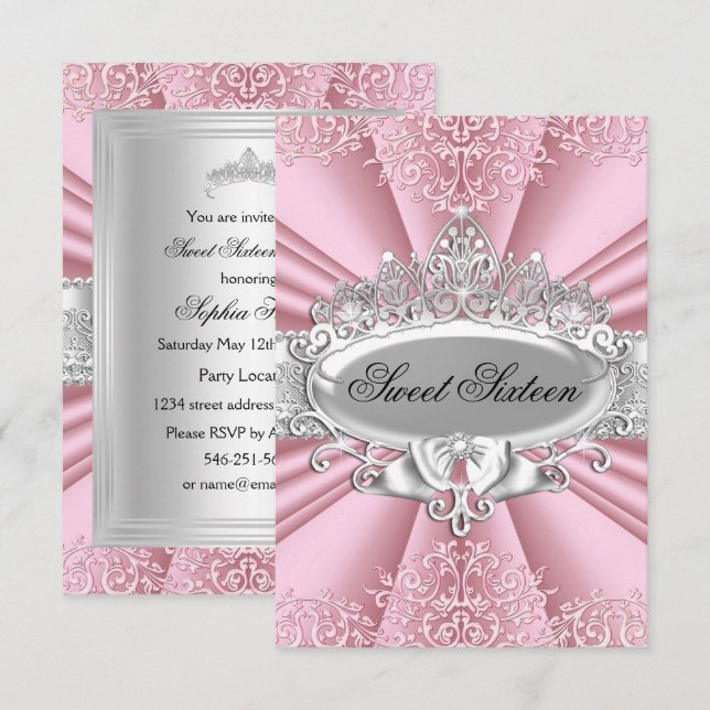 Pink Tiara Damask Sweet Sixteen Party Invitation (Front/Back)