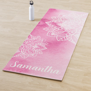 Pink Tie Dye and White Mandala Flowers Custom Name Yoga Mat