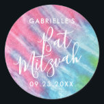 Pink Tie Dye Bat Mitzvah Party Thank You Favour Classic Round Sticker<br><div class="desc">Pink,  Turquoise and Aqua Blue Tie Dye Personalised Sticker for a Hippie Chic Bat Mitzvah with custom name and date text,  is great for invitation envelope seals and favour labels. Part of a collection designed by Paper Grape for Zazzle.</div>