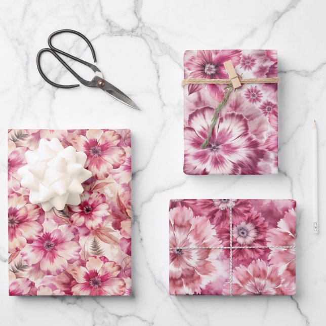 Pink Tie Dye Floral Wrapping Paper Sheet (Front)