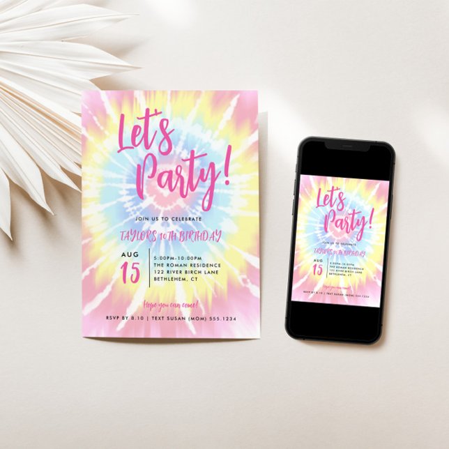 Pink Tie Dye, Let's Party Any Age Birthday Invitation (Creator Uploaded)