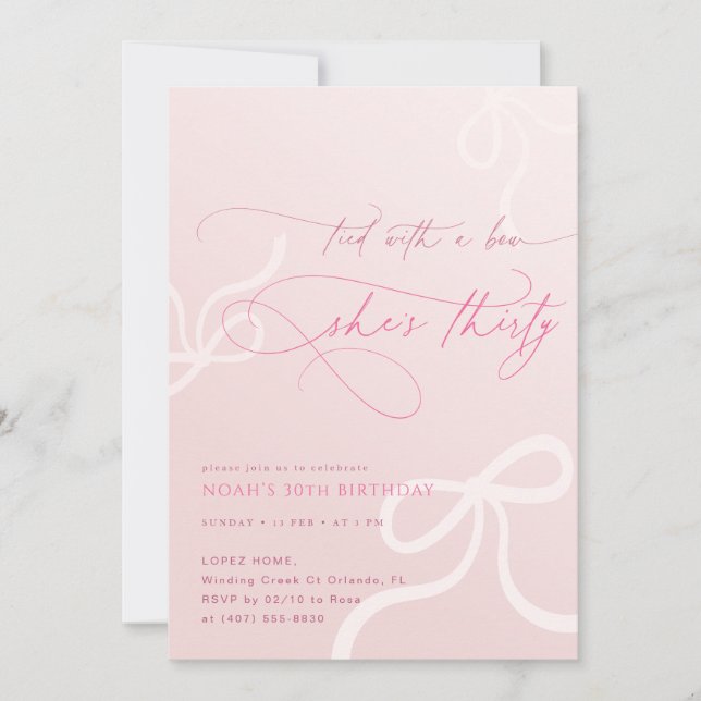 Pink Tied With A Bow Girls 30th Birthday Party Invitation (Front)