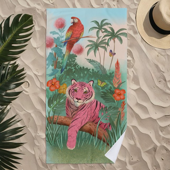 Pink Tiger and Parrot Tropical Jungle Beach Towel (Creator Uploaded)