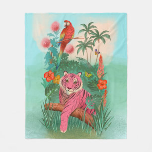 Pink Tiger and Parrot Tropical Jungle Fleece Blanket