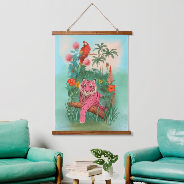 Pink Tiger and Parrot Tropical Jungle Hanging Tapestry (Living Room)