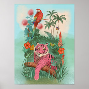 Pink Tiger and Parrot Tropical Jungle Poster