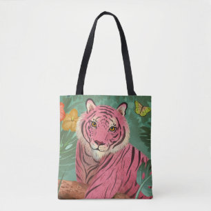 Pink Tiger and Parrot Tropical Jungle Tote Bag