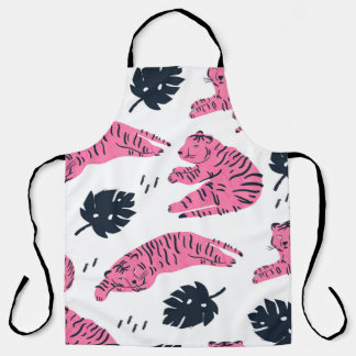 Pink tiger lies in various positions. Tropical lea Apron