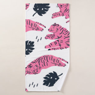 Pink tiger lies in various positions. Tropical lea Bath Towel