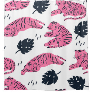 Pink tiger lies in various positions. Tropical lea Shower Curtain