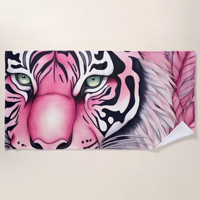 Pink tiger, tiger face beach towel (Front)