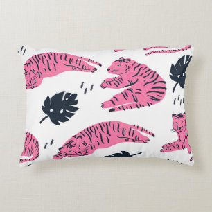 Pink Tiger Tropical: Vintage Hand-Drawn. Decorative Cushion
