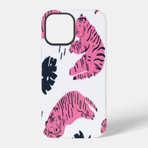 Pink Tiger Tropical: Vintage Hand-Drawn. iPhone 12 Case