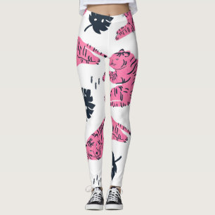 Pink Tiger Tropical: Vintage Hand-Drawn. Leggings