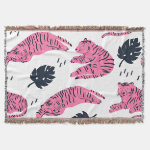 Pink Tiger Tropical: Vintage Hand-Drawn. Throw Blanket