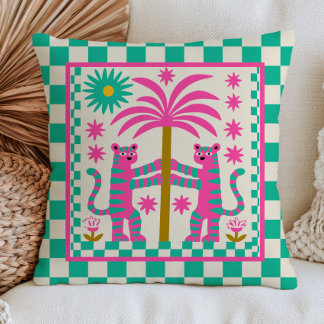 Pink Tigers& Palm Tree Green Chequered Eclectic Cushion