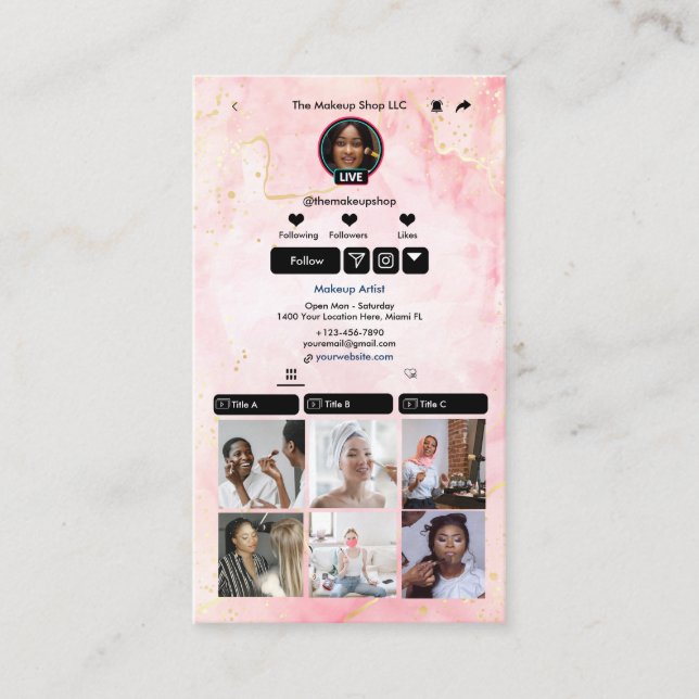 Pink TikTok Marble QR Code Social Media  Business Card (Front)