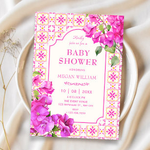 Pink tile floral baby shower invitation