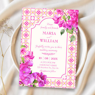 Pink tile floral wedding invitation