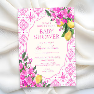 Pink tile pattern floral art baby shower invitation