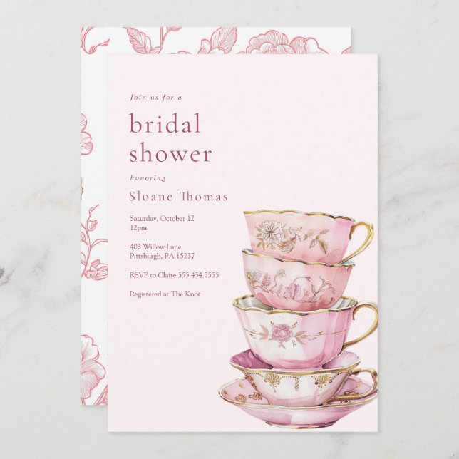 Pink Time for Tea Bridal Shower  Invitation (Front/Back)